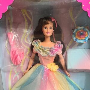 Vintage 1997 Barbie Birthday Brunette Doll with Rainbow Gown Dress, Quinceanera
